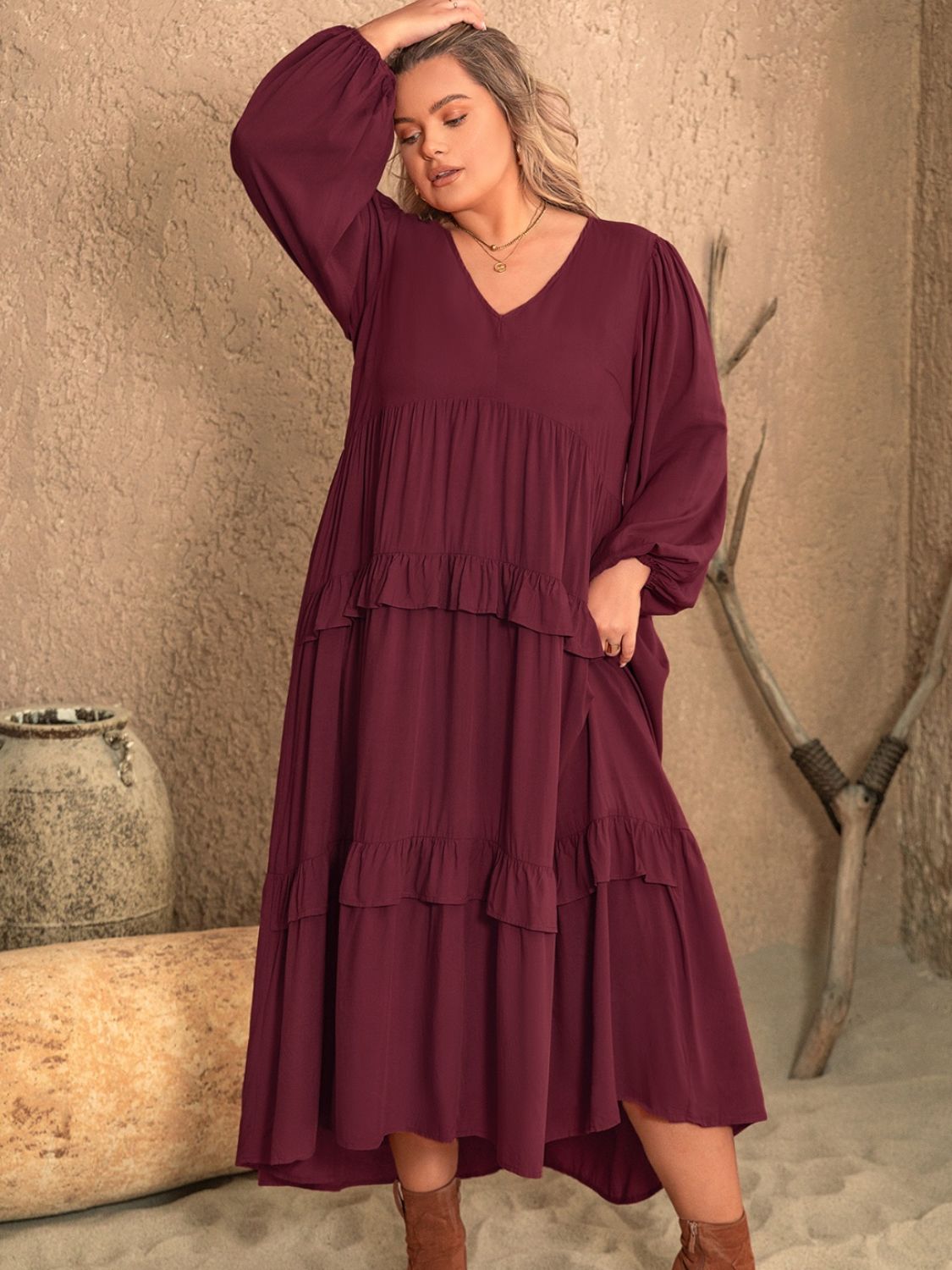 Plus Size Ruffled V-Neck Long Sleeve Dress