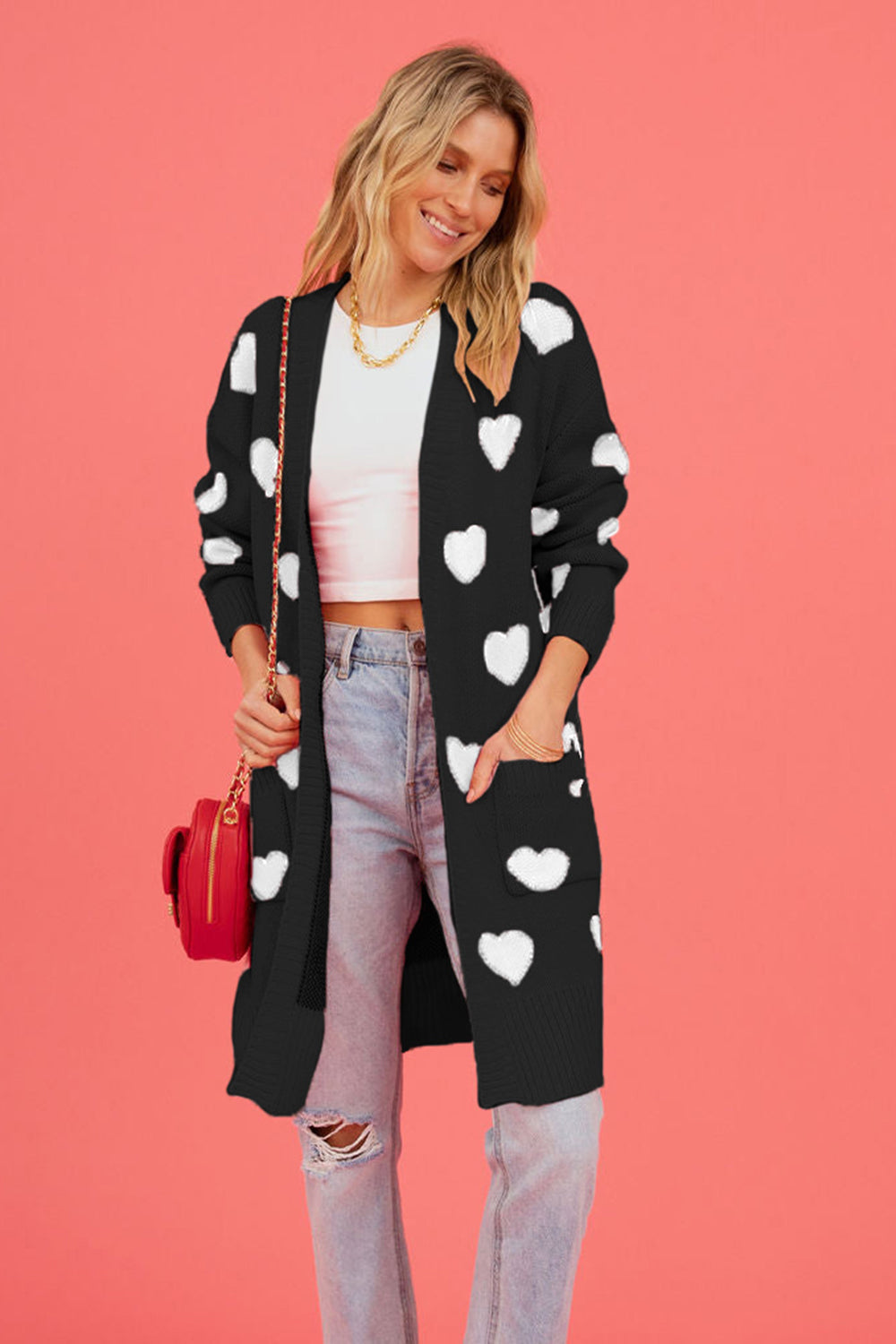 Heart Graphic Open Front Cardigan with Pockets