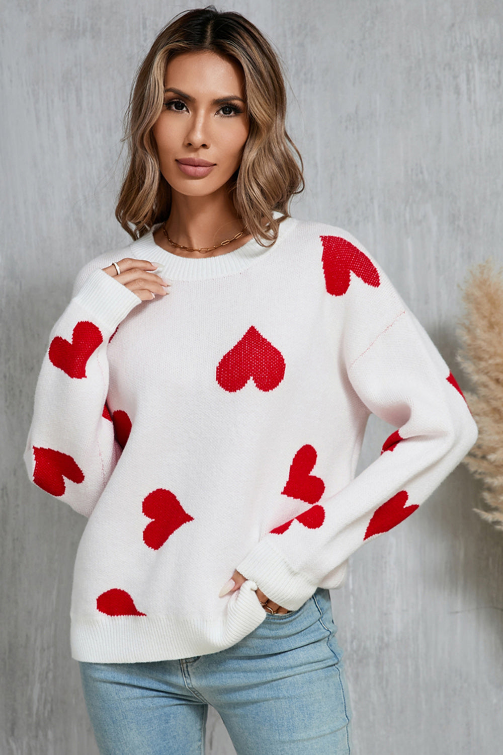 Angel Wings Heart Round Neck Dropped Shoulder Sweater